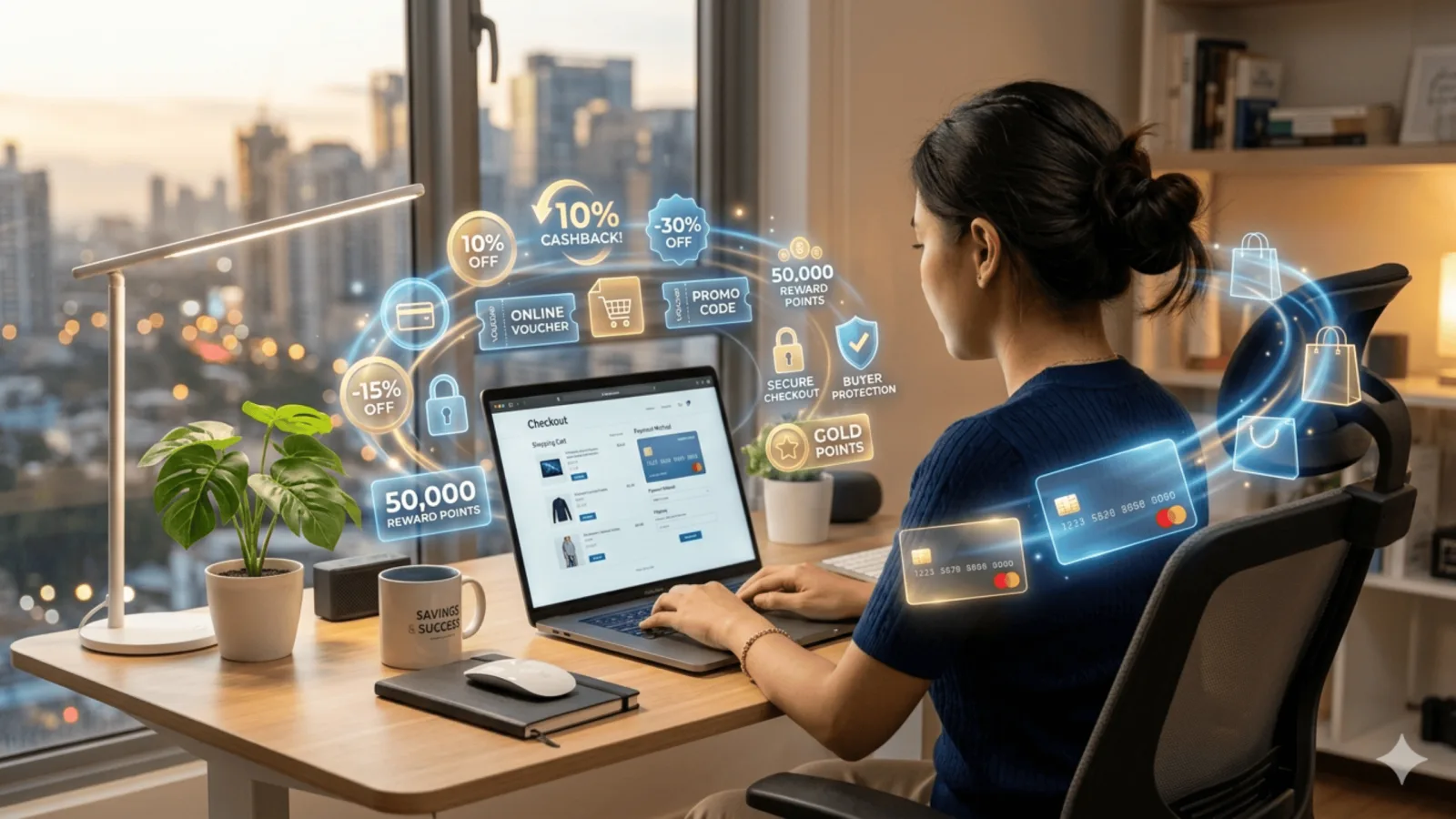 Top Credit Card Promos for Online Shopping displayed as a shopper uses a laptop to compare cashback rewards, discounts, vouchers, and credit card benefits.