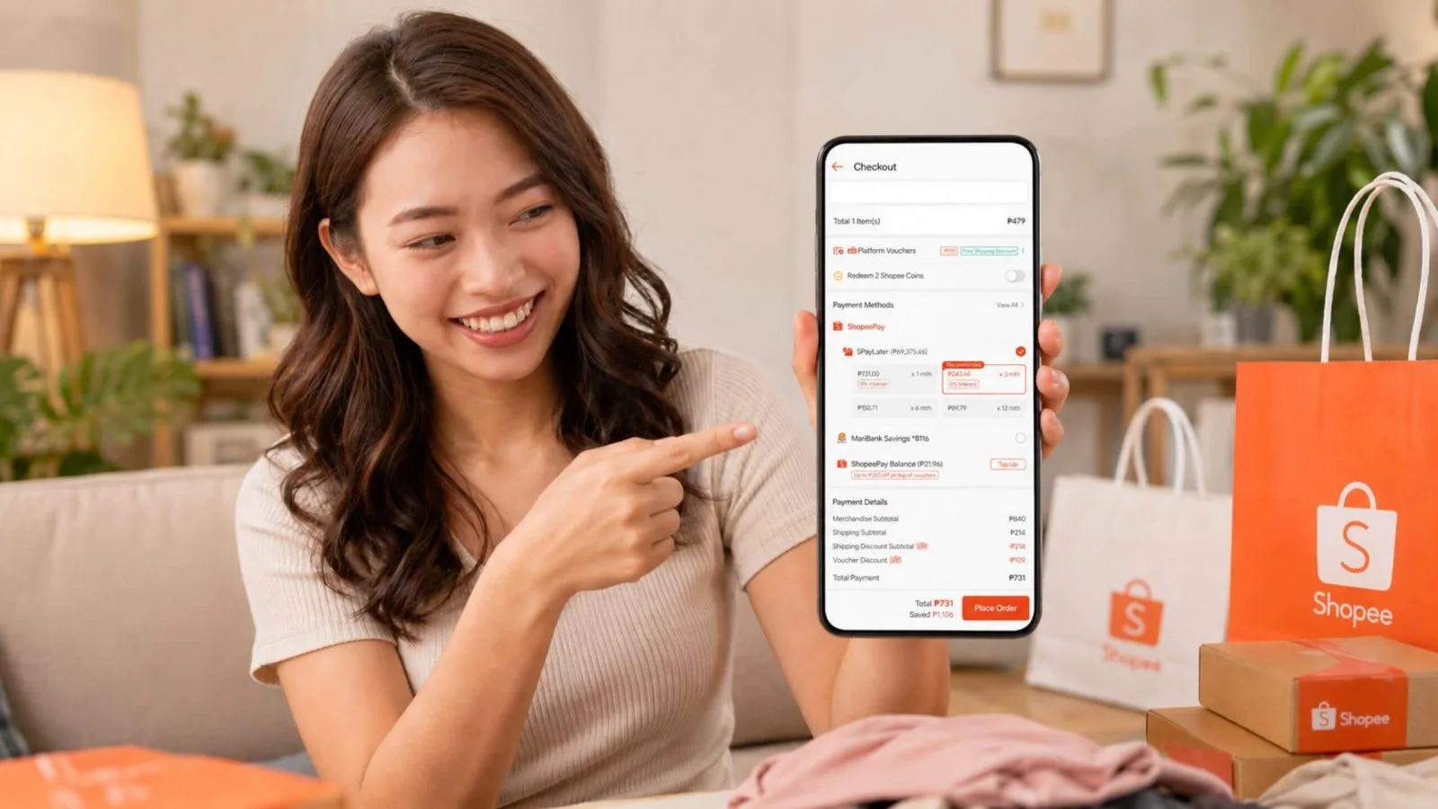 How to stack Shopee vouchers Philippines – Filipino online shopper showing stacked Shopee vouchers, free shipping discounts, and Shopee Coins savings on checkout page